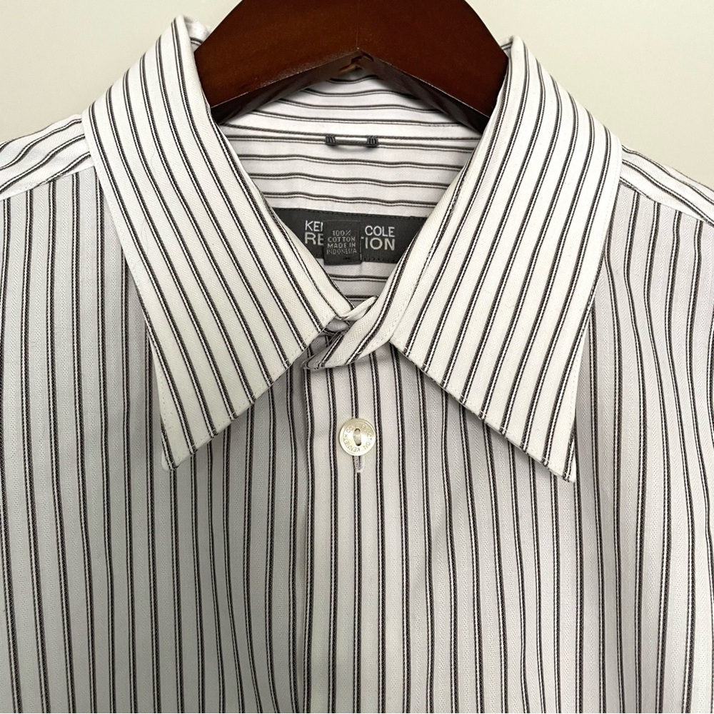 KENNETH COLE Reaction White Gray Black Striped Button Down Dress Shirt, Large